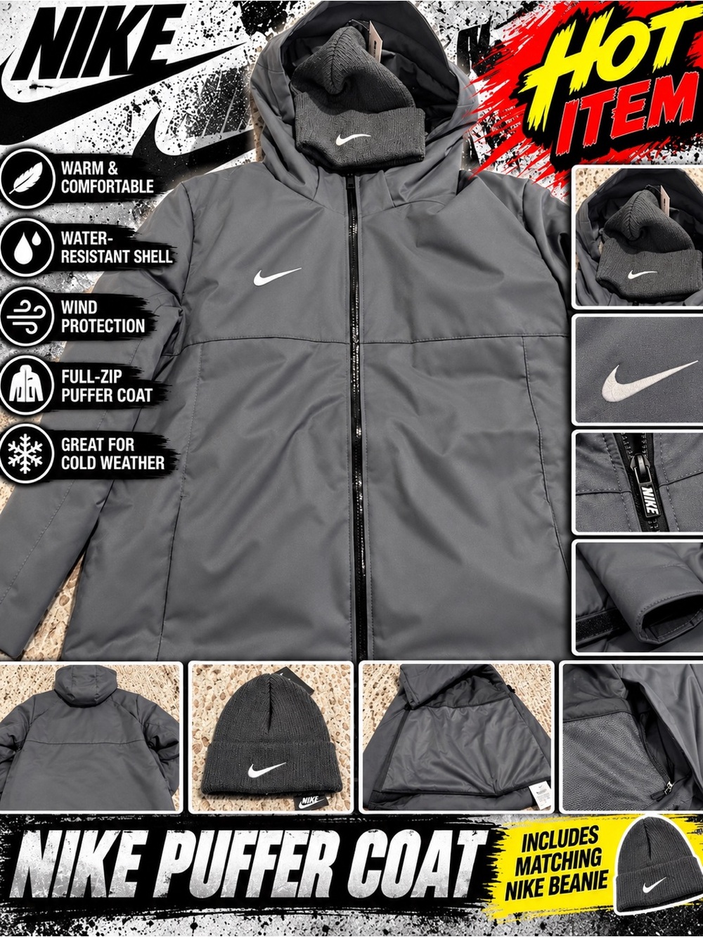 Nike Charcoal Black Puffer Jacket with Hood and Swoosh Plus Von Dutch Gray Nike